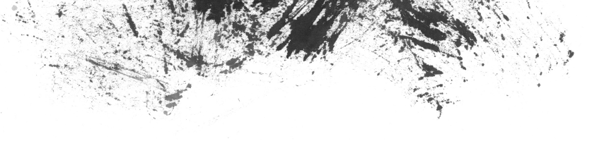 Abstrakt svart bläckmönster med stänk och penseldrag mot vit bakgrund.